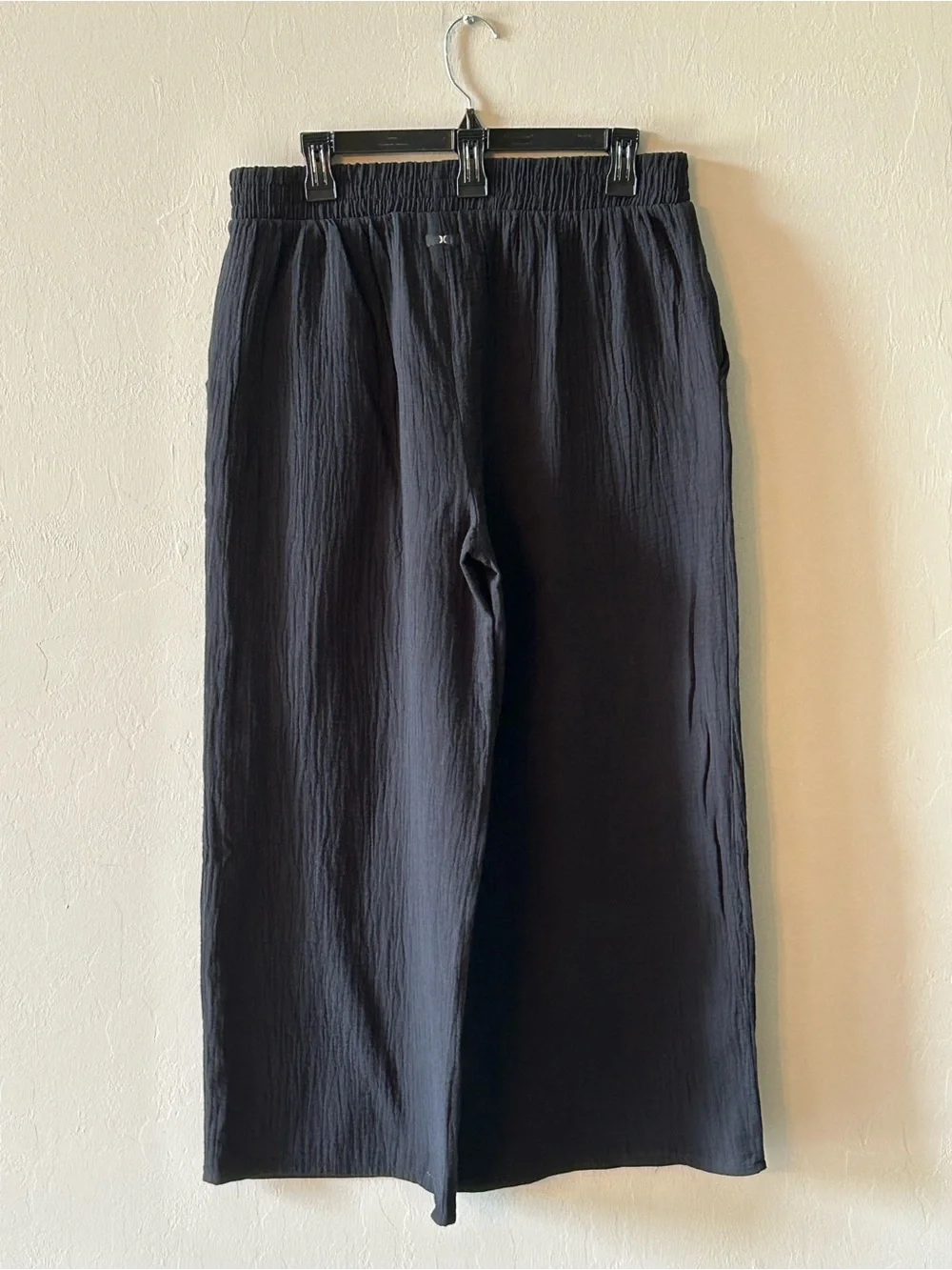 Hurley Women's Pants Wide Leg Gauze Cotton Black Large Elastic Waist Resortwear